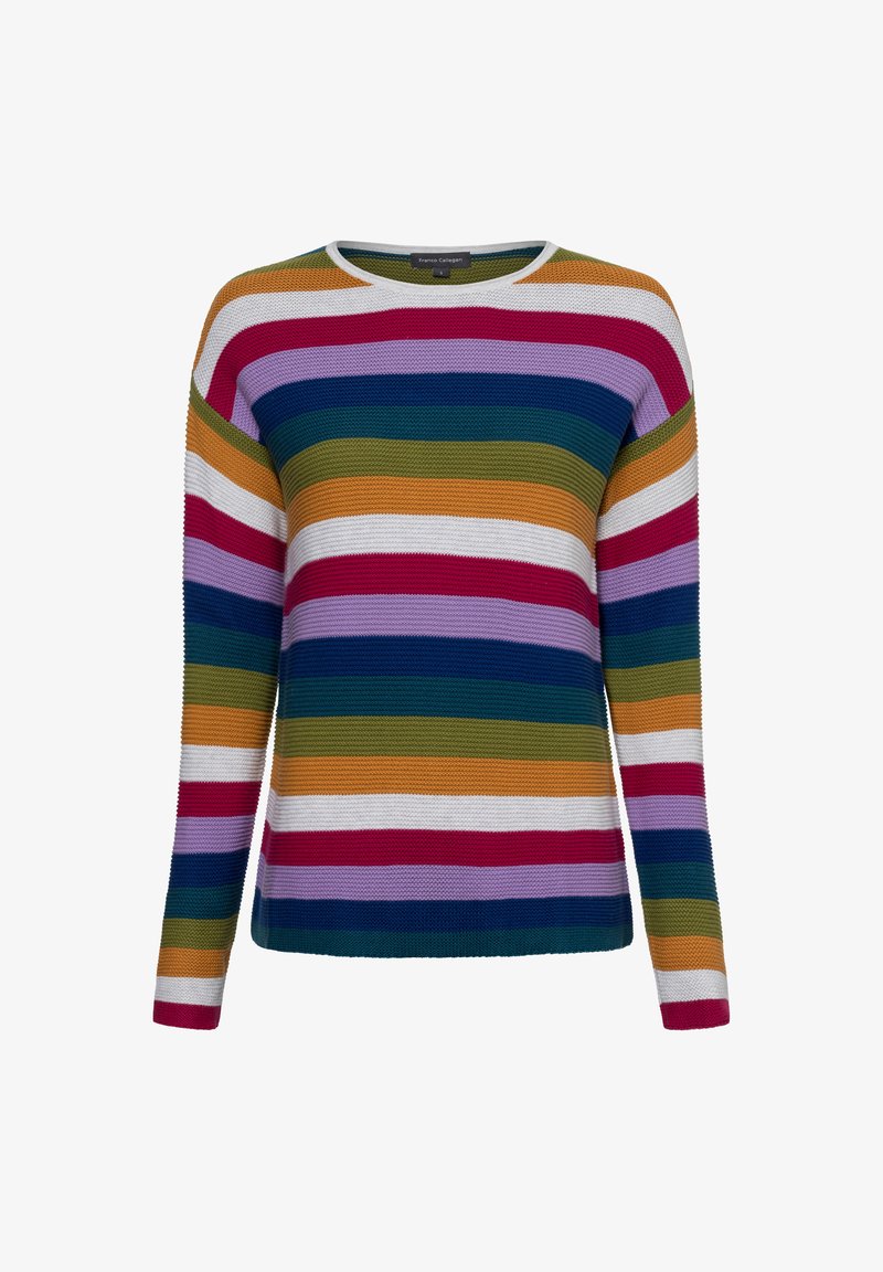 Gestreifter Pullover mit horizontalen Bändern in verschiedenen Farben: Rosa, Lila, Blau, Grün, Orange, Gelb und Weiß; gerippte Textur, Rundhalsausschnitt.