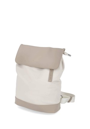 Beige and off-white backpack with flap closure, adjustable shoulder strap, and rectangular shape, displayed on a white background.