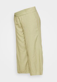 Calças de linho verde-oliva claras com uma cintura larga e elástica e corte direito. Apresentam bolsos laterais e um acabamento suave e texturado.