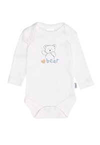 White long-sleeved bodysuit with a bear graphic in gray and blue, featuring a heart and the word "bear" in blue. Cotton material, snap closure at bottom.