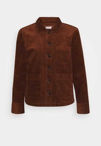 Brun fløjlskappe med krave, lukning med knapper fortil, to forlommer og struktureret ribbet stof. Lange ærmer med manchet detaljer.