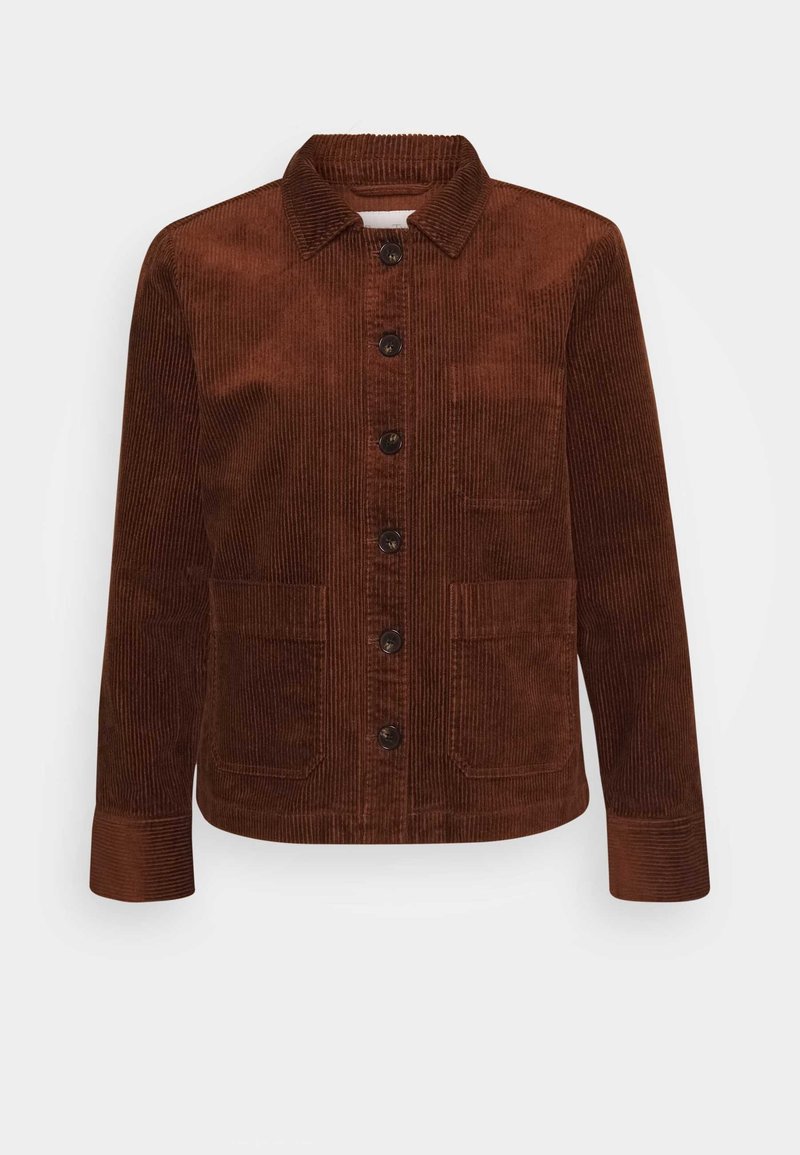 Brun fløjlskappe med krave, lukning med knapper fortil, to forlommer og struktureret ribbet stof. Lange ærmer med manchet detaljer.