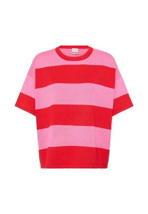 Jersey de punto de manga corta con anchas rayas horizontales rojas y rosas y cuello redondo de ICHI.