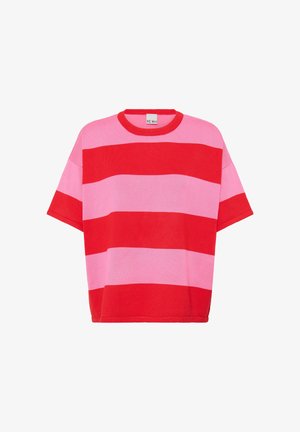 Lühikeste varrukatega kootud kampsun, millel on laiad horisontaalsed punased ja roosad triibud ning ümar kaelus, valmistatud ICHI poolt.