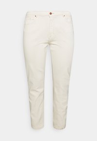 Beige denim-housut suoran lahkeen designilla, joissa on edessä nappisuljenta, viisi taskua ja hienovaraiset ommeltu yksityiskohdat.