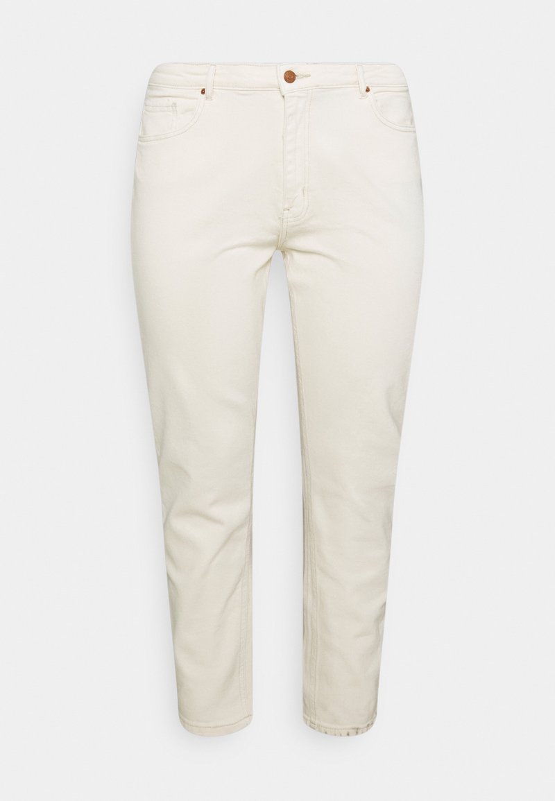 Beige denim-housut suoran lahkeen designilla, joissa on edessä nappisuljenta, viisi taskua ja hienovaraiset ommeltu yksityiskohdat.