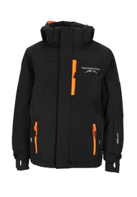 Veste extérieure noire avec des accents orange, plusieurs poches zippées, col montant, poignets ajustables et logo "SWEDEMOUNT" à l'avant.