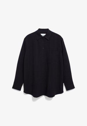 Black long-sleeve shirt with a pointed collar, front buttons, and a chest pocket. Made from a soft, textured fabric with a relaxed fit.