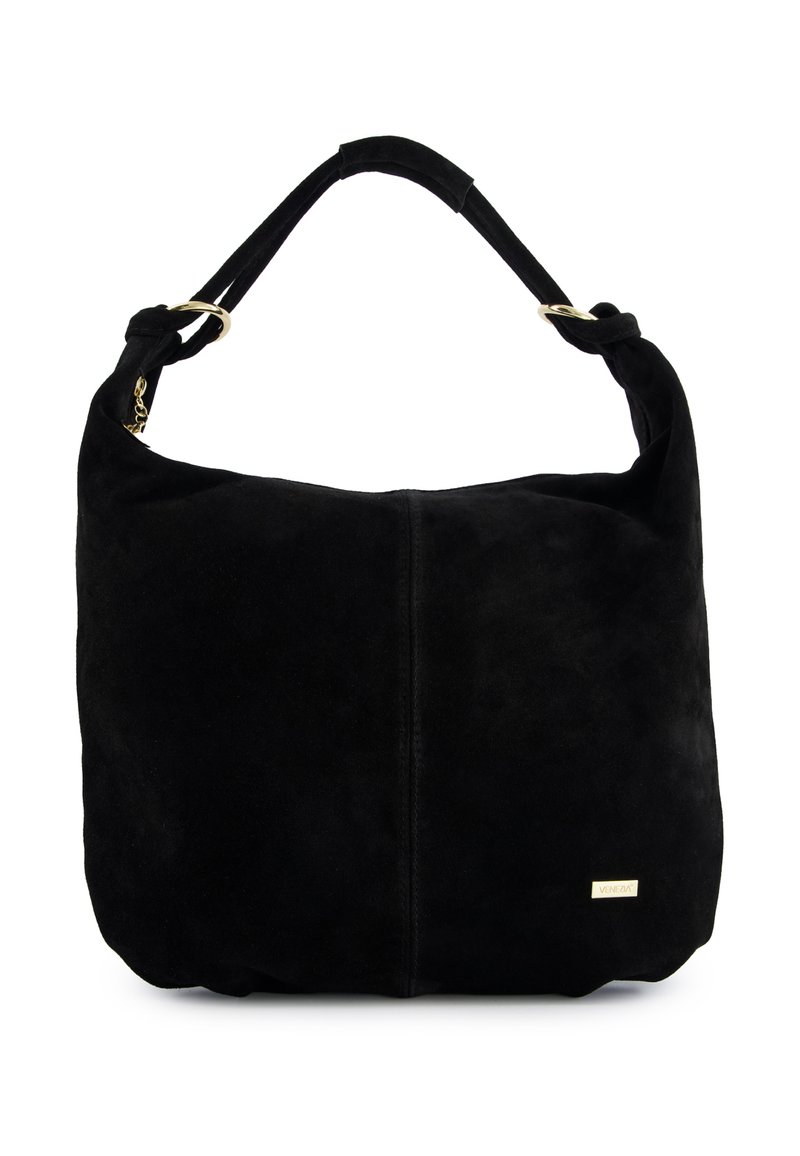 Czarna torba hobo z zamszu z supełkowanym paskiem na ramię, subtelnym złotym akcentem logo i gładką fakturą, o ustrukturyzowanym kształcie.