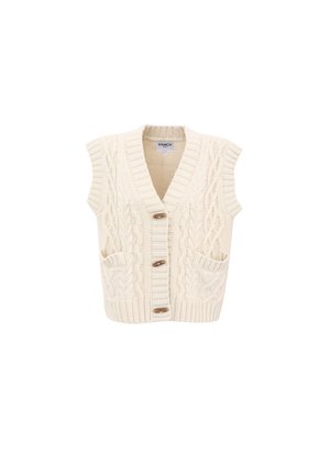 Strickweste in Creme mit kurzen Ärmeln, Zopfmuster, zwei vorderen Taschen und Holzknöpfen zum Schließen. Texturiertes, lässiges Design.