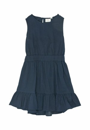 Mørkeblå ærmeløs kjole med elastisk talje og flæsekant lavet af let tekstureret stof.