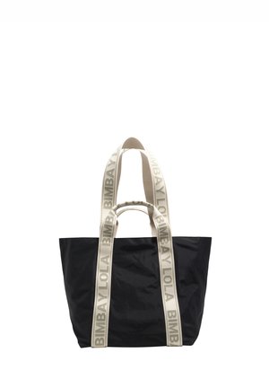 Bolso tote negro con asas largas blancas impresas con el texto "BIMBA Y LOLA" en letras grises.