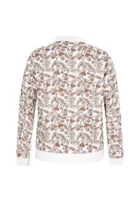 Langærmet pullover med hvid baggrund og intrikate brune blomster mønstre. Har en krave og ribbede manchetter med solide hvide kanter.