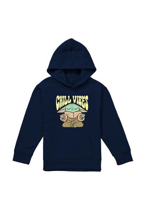 Navy hoodie with a graphic of a calm green character in a robe meditating, above text reading "CHILL VIBES" in yellow retro font.