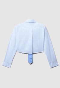 Helles blaues, kurz geschnittenes Hemd mit langen Ärmeln, das einen Rückenfalz aufweist. Eine hellblaue Krawatte ist teilweise hinten sichtbar. Glatte Textur.