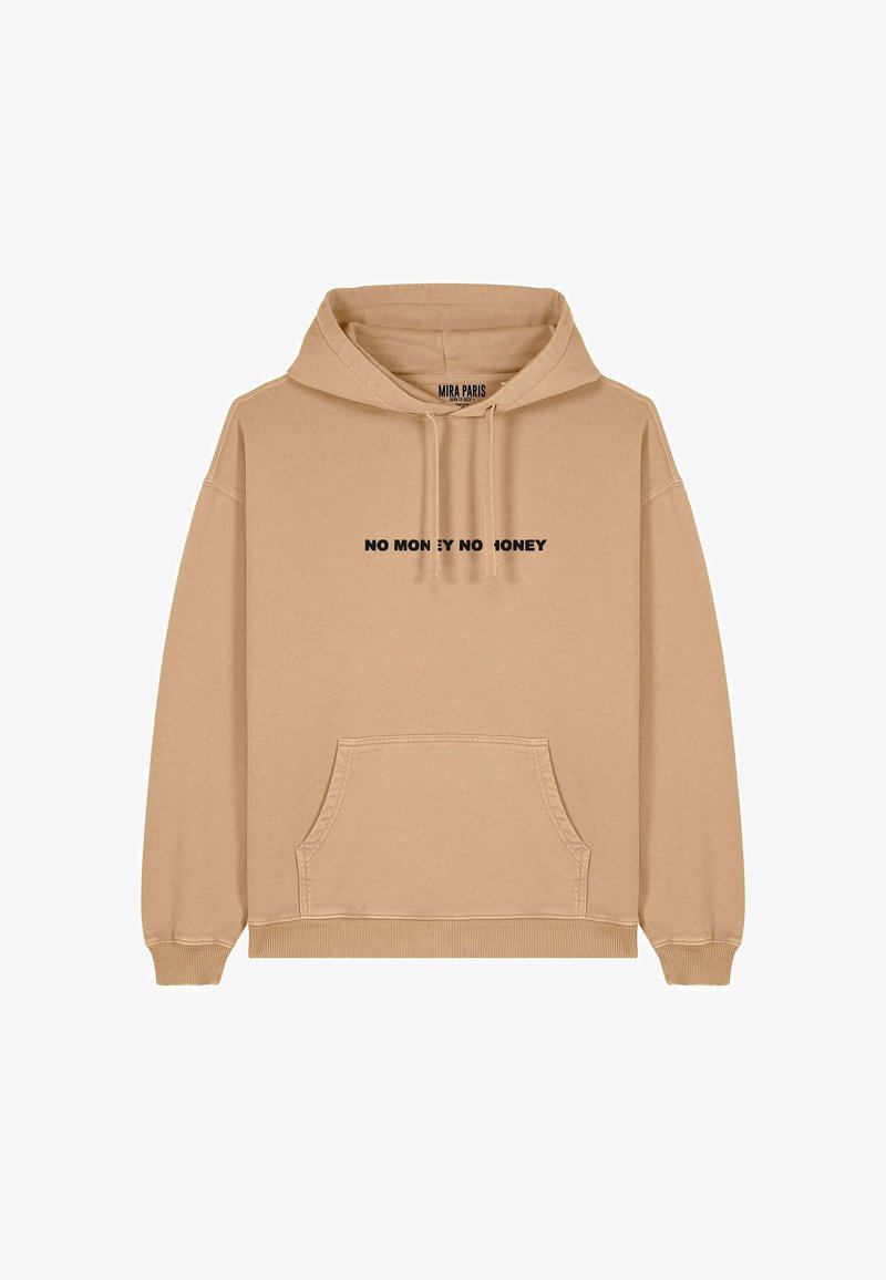 Sudadera beige con bolsillo frontal, puños y dobladillo acanalados, y texto negro que dice "SIN DINERO SIN MIEL" en el pecho.