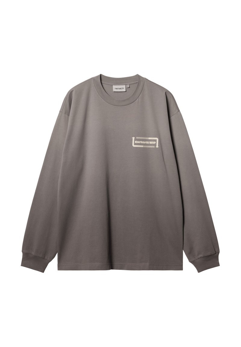 Szara koszulka z długim rękawem typu crewneck z ściągaczami, małe białe logo "Carhartt WIP" na lewej piersi oraz metka rozmiaru wewnątrz kołnierza.