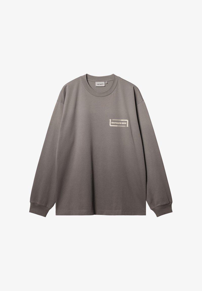 Szara koszulka z długim rękawem typu crewneck z ściągaczami, małe białe logo "Carhartt WIP" na lewej piersi oraz metka rozmiaru wewnątrz kołnierza.