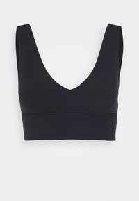 Black bralette with a deep V-neckline, wide shoulder straps, and smooth texture. Features a stitched bottom band for support.