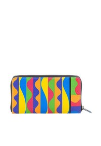 Portafoglio zip colorato con superficie testurizzata che presenta audaci motivi ondulati in blu, verde, giallo, arancione e rosa su una rifinitura nera.