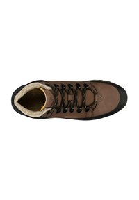 Stivale da trekking in pelle marrone con lacci neri, occhielli in metallo, suola nera e fodera in pile crema, visto dall'alto.