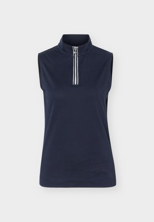 Tielko tmavomodrej farby bez rukávov s umelým stojačikom a krátkym predným zipsom, obsahujúce dva zvislé biele pruhy.