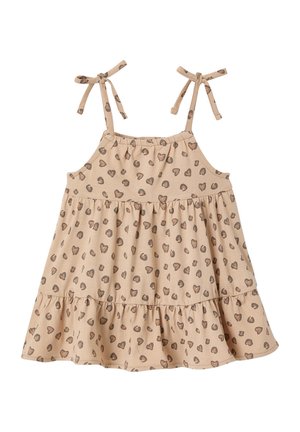 Beigefarbenes ärmelloses Kleid für Kleinkinder mit mehrlagigem Rock, Herz- und Leopardenmuster sowie verstellbaren Trägern zum Binden an den Schultern.