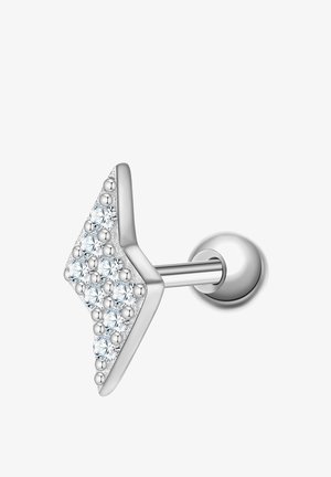 Silver arrow-shaped earring stud featuring clear, sparkling stones set in a curved surface with a smooth metal post.