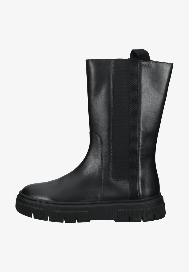 Black leather ankle boot with elastic side panel, rounded toe, and chunky rubber sole featuring textured grooves for traction.