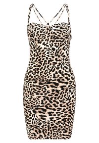 Leopardi-kuosiset mekko, jossa on kapea malli, säädettävät spagettiolkaimet ja sileä, joustava kangas. Lyhyt pituus ja rakenteellinen yläosa.