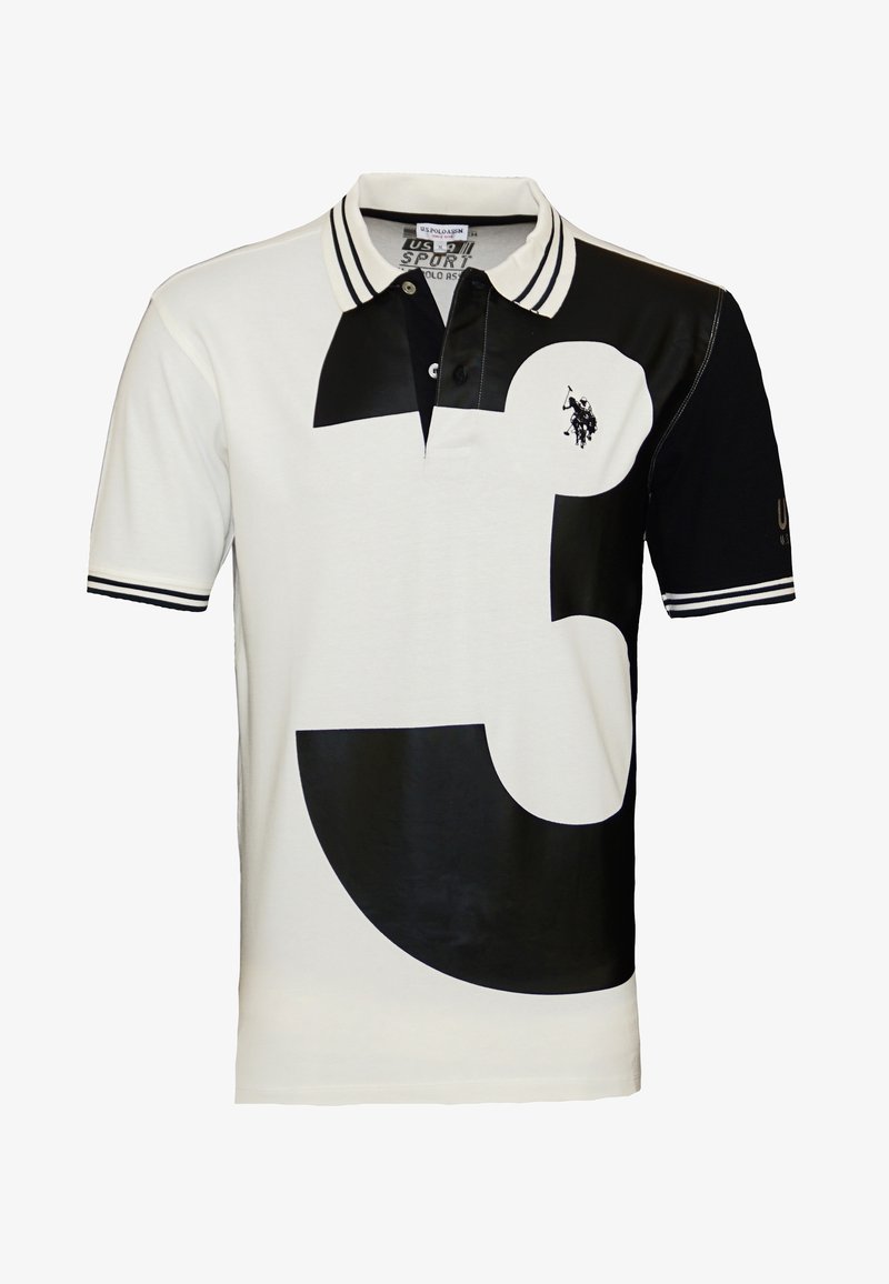 Polo manches courtes en blocs de couleur géométriques blanc et noir avec col, patte de boutonnage et logo brodé d'un joueur de polo sur la poitrine.