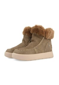 Botas tobilleras de ante marrón con ribete de pelo, suelas de goma planas, costuras decorativas y un diseño de punta redonda.