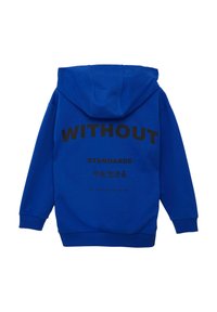 Blauwe hoodie met een kangoeroezak, met opvallende zwarte tekst op de achterkant: "ZONDER STANDAARDEN" en aanvullende zinnen in het Engels en het Japans.