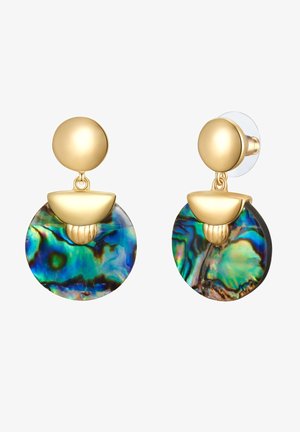 Goudkleurige oorbellen met cirkelvormige abalone schelpen, blauwe en groene tinten, met een ronde stud bovenaan en een halvemaanvormige accent eronder.