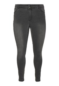 Black denim skinny jeans featuring a high waist, subtle fading, and five-pocket design with a button and zipper closure.