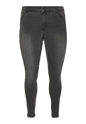 Black denim skinny jeans featuring a high waist, subtle fading, and five-pocket design with a button and zipper closure.