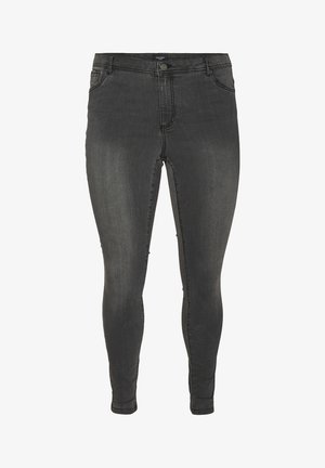 Black denim skinny jeans featuring a high waist, subtle fading, and five-pocket design with a button and zipper closure.