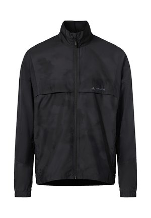 Schwarze leichte Jacke mit durchgehendem Frontreißverschluss, hohem Kragen, elastischen Bündchen und kleinem Vaude-Logo auf der Brust.