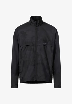 Schwarze leichte Jacke mit durchgehendem Frontreißverschluss, hohem Kragen, elastischen Bündchen und kleinem Vaude-Logo auf der Brust.