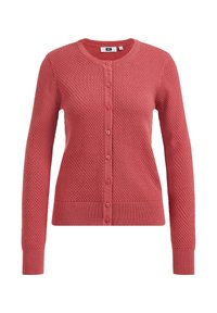 Pletený kardigan v korálové barvě s texturovaným vzorem, kulatým výstřihem a zapínáním na knoflíky. Dlouhé rukávy s žebrovanými lemy na manžetách a spodním okraji.