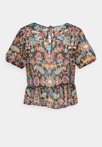 Short-sleeve, lightweight blouse featuring a colorful floral and geometric pattern, a peplum hem, and a tie-back neckline.