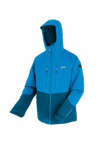 Veste de plein air bleue à capuche avec fermeture éclair frontale, deux poches verticales sur la poitrine et poignets réglables, conçue pour les temps froids.