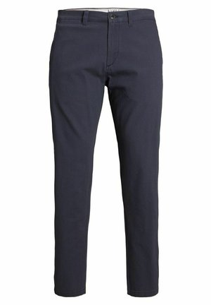 Navy cotton chinos with a fitted design, belt loops, front button closure, and side pockets. Smooth texture, no visible patterns.