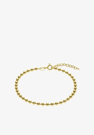 Bracciale tono oro con piccole perline rotonde collegate da anelli e chiusura a catena regolabile su sfondo bianco.