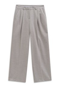 Graue, maßgeschneiderte Hosen mit lockerer Passform, Falten und Seitentaschen, aus einem glatten Stoff mit einer subtilen Textur.