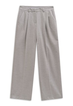 Graue, maßgeschneiderte Hosen mit lockerer Passform, Falten und Seitentaschen, aus einem glatten Stoff mit einer subtilen Textur.