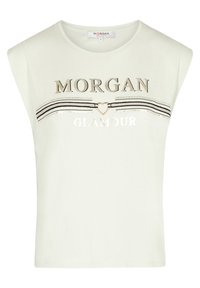Top sin mangas de color verde claro con "MORGAN" en letras metálicas en negrita, franjas decorativas en blanco y negro, y un diseño de corazón en el centro.