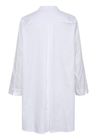 Balts garās piedurknes krekls bez apkakles ar taisnu piegriezumu. Iezīmē sānu šķautnes, gludu tekstūru un vienkāršu, minimālistisku dizainu.