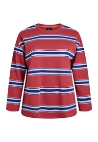 Červená bavlnená košeľa s dlhým rukávom s vodorovnými modrými a bielymi pruhmi, s okrúhlym výstrihom a voľným strihom.