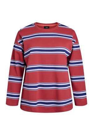 Dugorukava majica od crvene pamučne tkanine s vodoravnim plavo-bijelim prugama, s okruglim izrezom i opuštenim krojem.